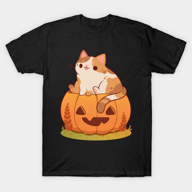 Orange pumpkin cat T-Shirt by Rihnlin